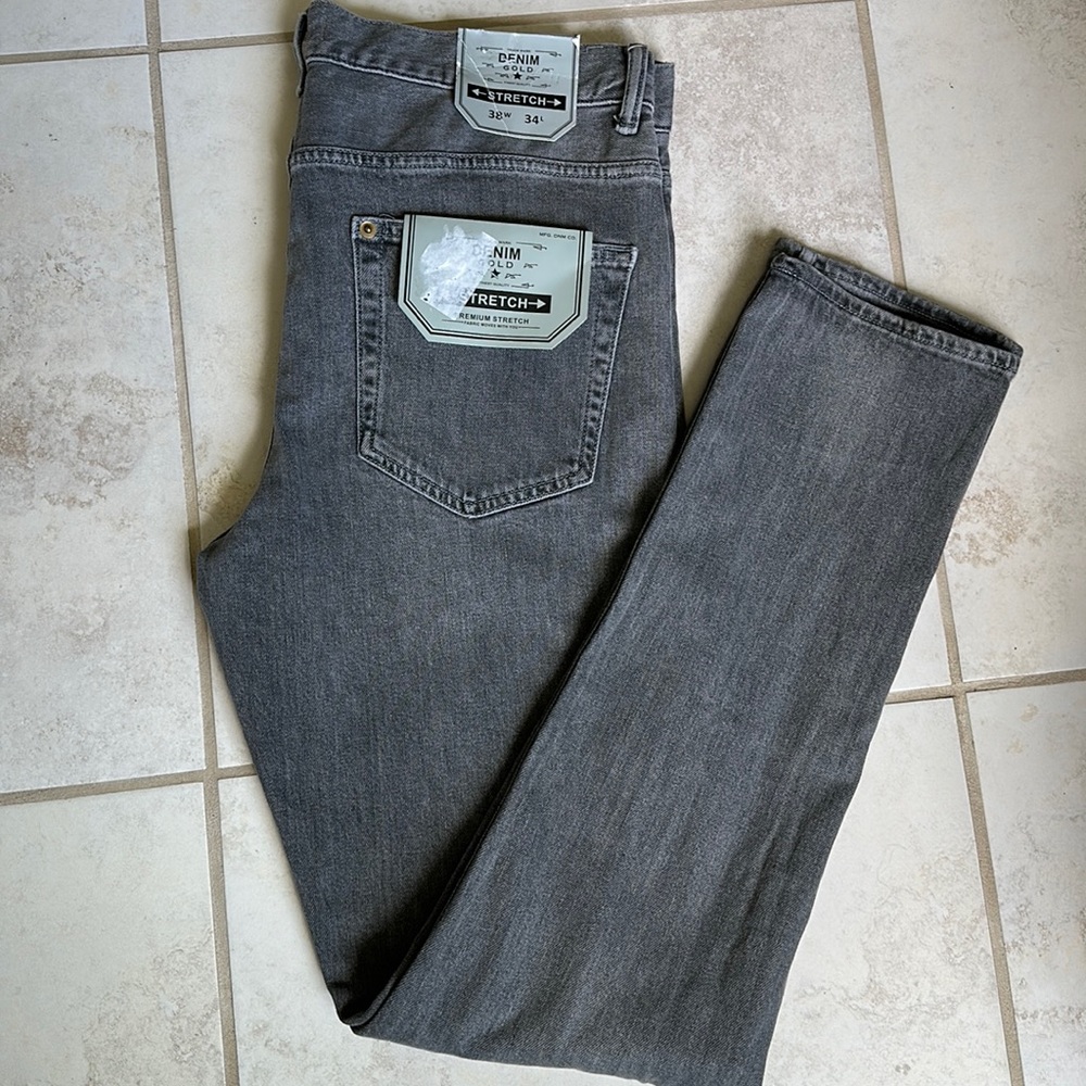 NWT Denim Gold Slim grey denim distressed pants stretch 38x34